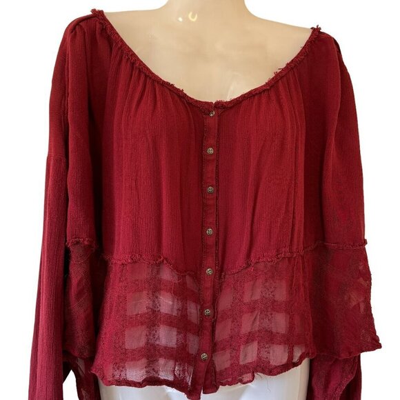 Free People Gauze Rainy Day Swing Blouse Oversized Burgundy Lace at Hem  Size XS - Picture 3 of 10